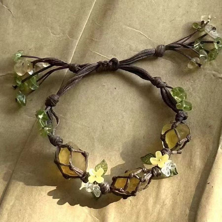zensoullab Osmanthus Tree and Vitality Crystal Bracelet Raw Stone Woven Bracelet Fluorite Bracelet with Small Flowers