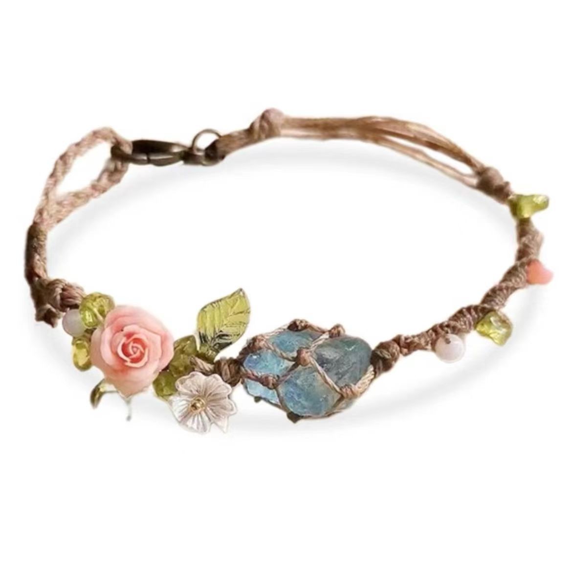 zensoullab Rose Aquamarine Handmade Woven Raw Stone Bracelet Crystal Net Pocket Bracelet