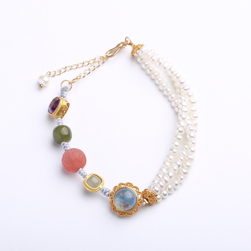 zensoullab Multi-Gem Braided Bracelet Half Pearl Multi-Gem Bracelet Aquamarine Amethyst South Red Lotus Accessories Jewelry Bracelet