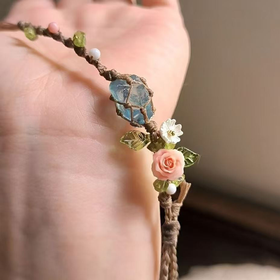 zensoullab Rose Aquamarine Handmade Woven Raw Stone Bracelet Crystal Net Pocket Bracelet