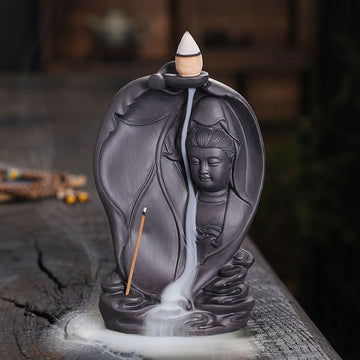 zensoullab Purple Clay Backflow Incense Burner Creative Bodhi Leaf Tathagata Guanyin Buddha Statue Backflow Incense Aromatherapy Burner Home Decor
