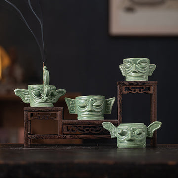zensoullab Chinese Retro Cultural Creative Sanxingdui Bronze Long Eyes Mask Incense Holder Aromatherapy Burner Home Indoor Ceramic Incense Burner