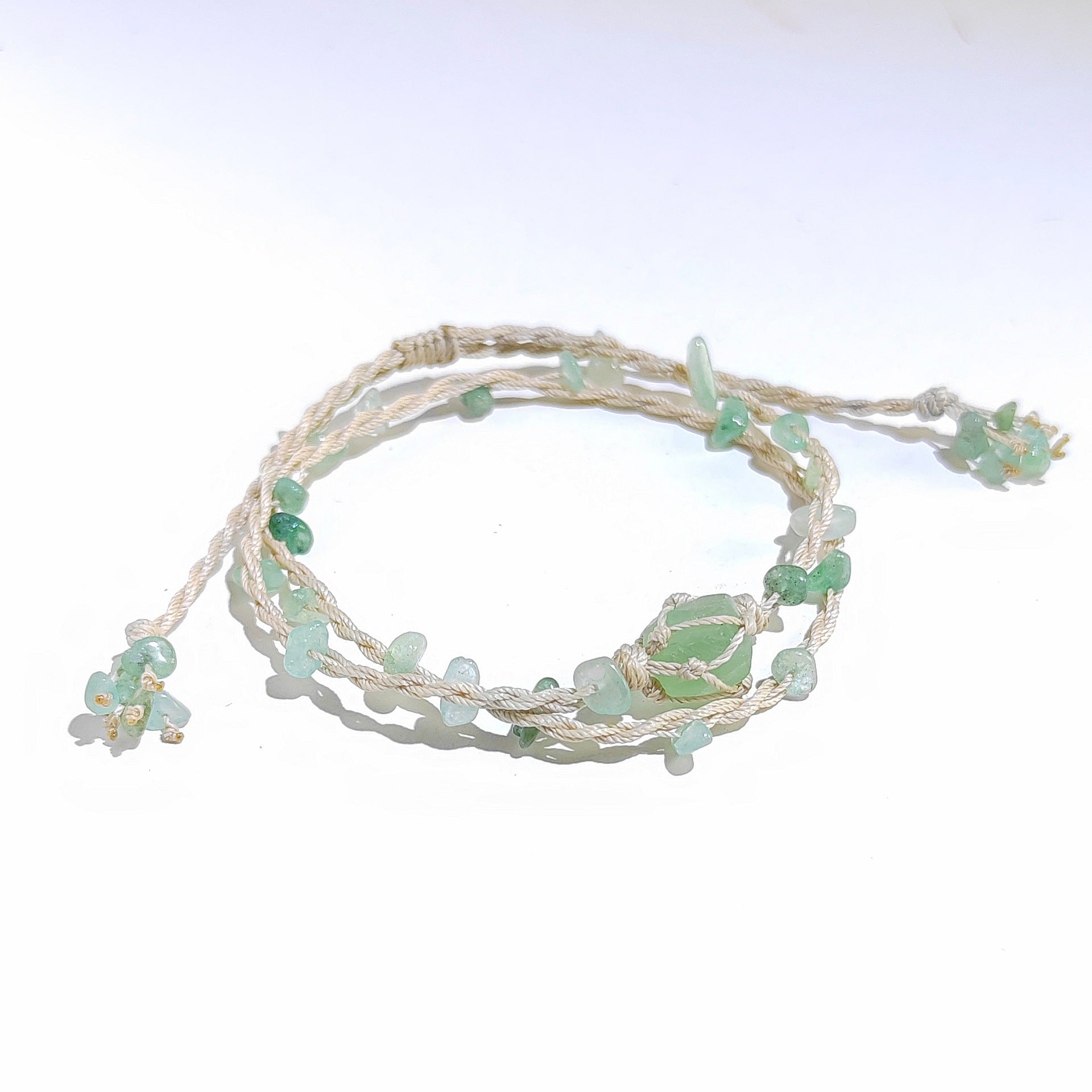 zensoullab Green Shadow Flowing Light Handmade Woven Bracelet Green Fluorite Raw Stone Crystal Double Layer Stacked Dyson Style Bracelet