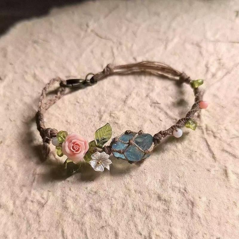 zensoullab Rose Aquamarine Handmade Woven Raw Stone Bracelet Crystal Net Pocket Bracelet