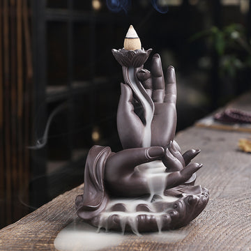 Purple Clay Backflow Incense Burner Indoor Home Incense Burner Creative Large Buddha Hand Backflow Aromatherapy Burner Gift Ornament