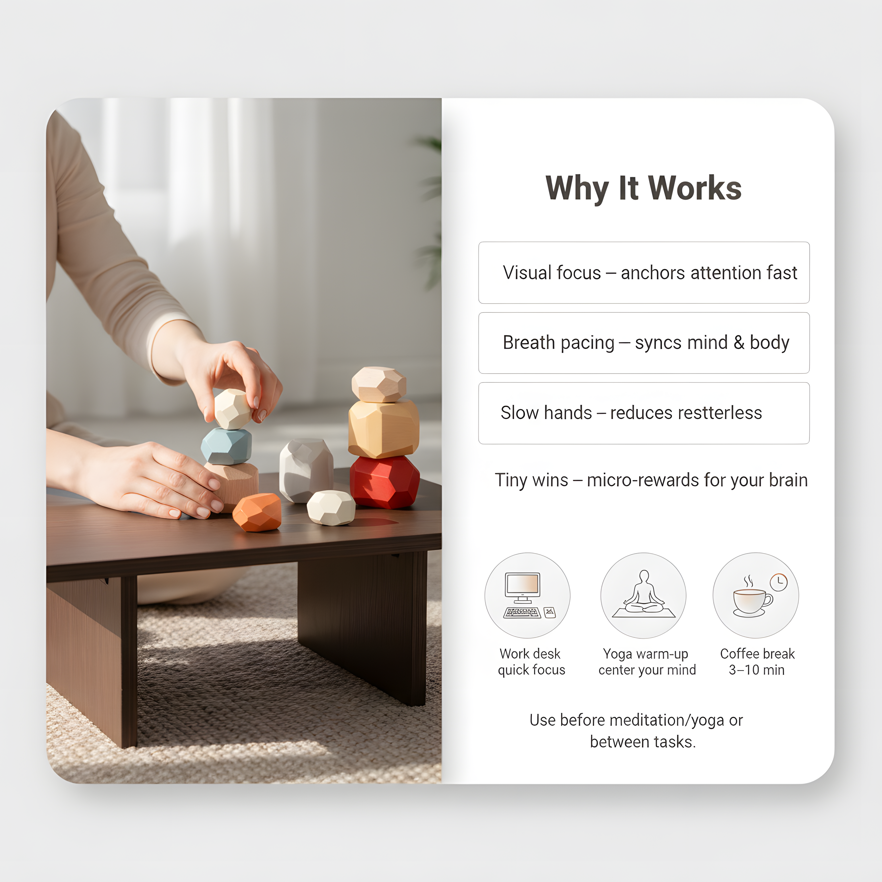 Mindful Stacking Stones – Solid Wood Zen Desk Décor | 3–10 Minute Visual Focus Practice (14+)