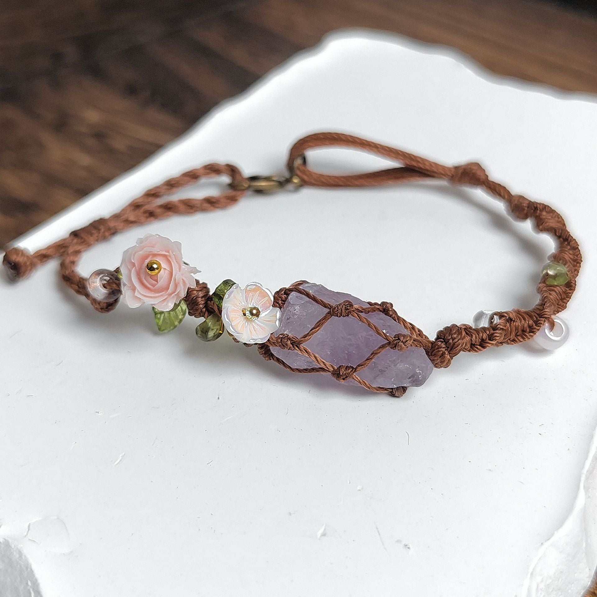 zensoullab Rose Aquamarine Handmade Woven Raw Stone Bracelet Crystal Net Pocket Bracelet