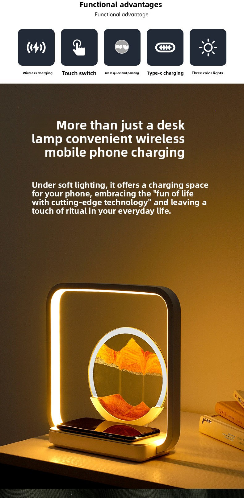 zensoullab Wireless Charging Flowing Sand Painting Table Lamp Home Living Room Bedroom Atmosphere Decorative Lamp USB Plug-in Desktop Zen Meditation Ornament Night Light
