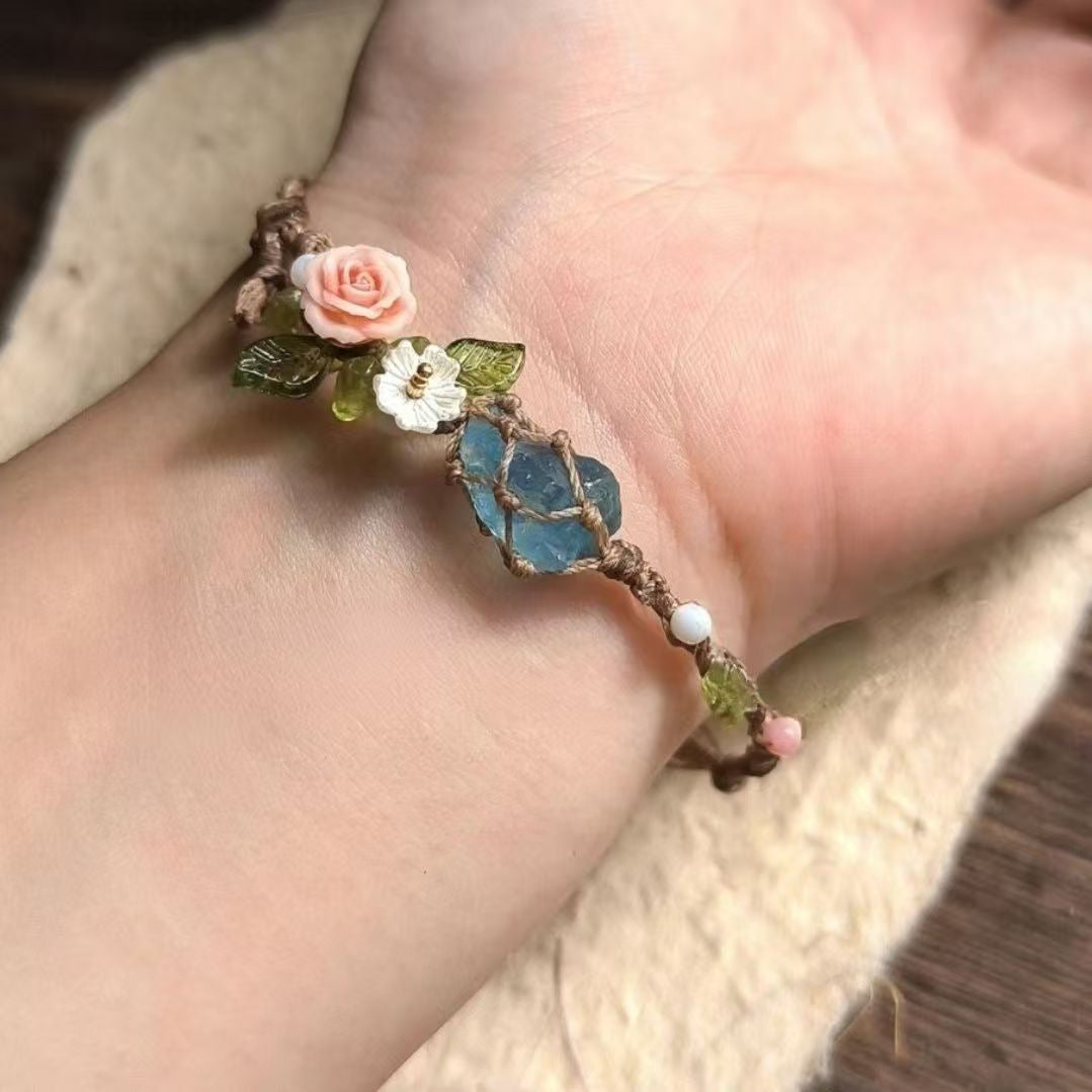 zensoullab Rose Aquamarine Handmade Woven Raw Stone Bracelet Crystal Net Pocket Bracelet