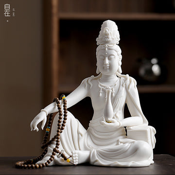 zensoullab New Chinese Style Guanyin Bodhisattva Buddha Statue Ceramic Ornament Free Guanyin White Porcelain Home Living Room Entrance Hall Display Shelf Decoration