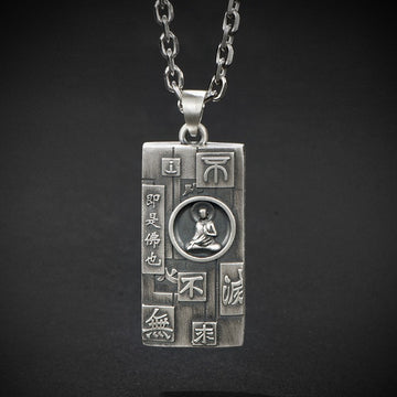 Zensoullab Thai Silver Amulet Necklace Men's Damo Buddha Symbol Pendant Protective Talisman Hanging Ornament Square Plate Pendant for Boyfriend