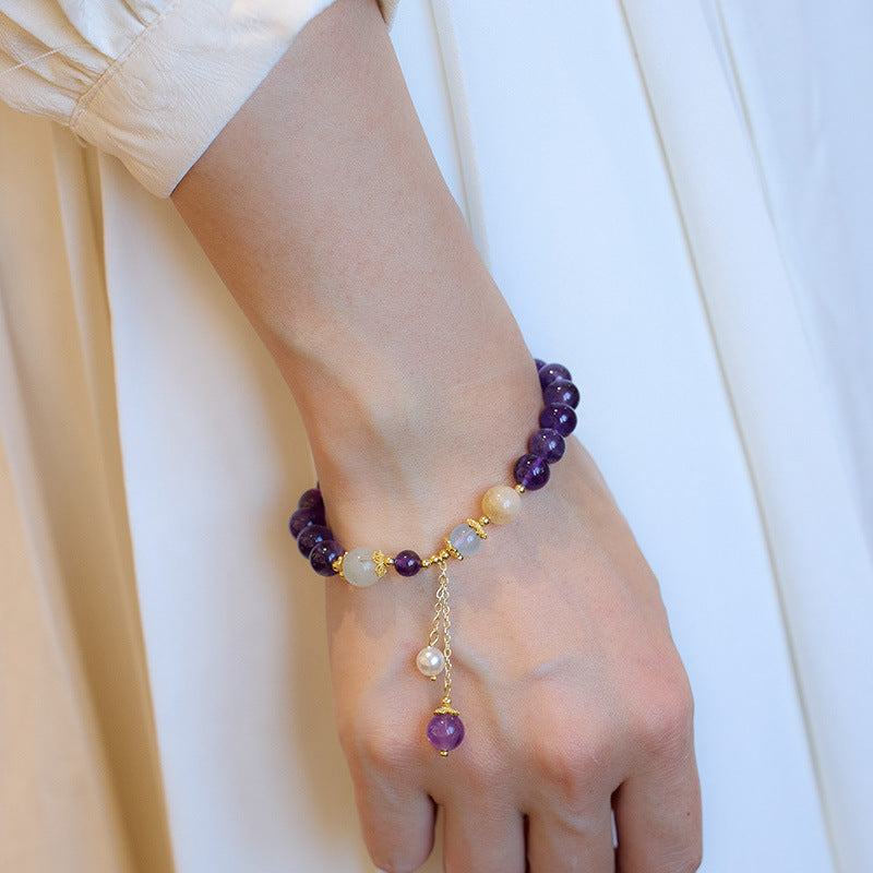 zensoullab Niche Design Natural 8MM Amethyst Bracelet for Women with Pearl Tassel Women's Bracelet Jewelry