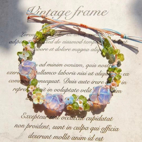 zensoullab Endless Summer Handwoven Protein Raw Stone Bracelet Net Pocket Hand Rope Pink Crystal Bracelet Lily of the Valley Jade
