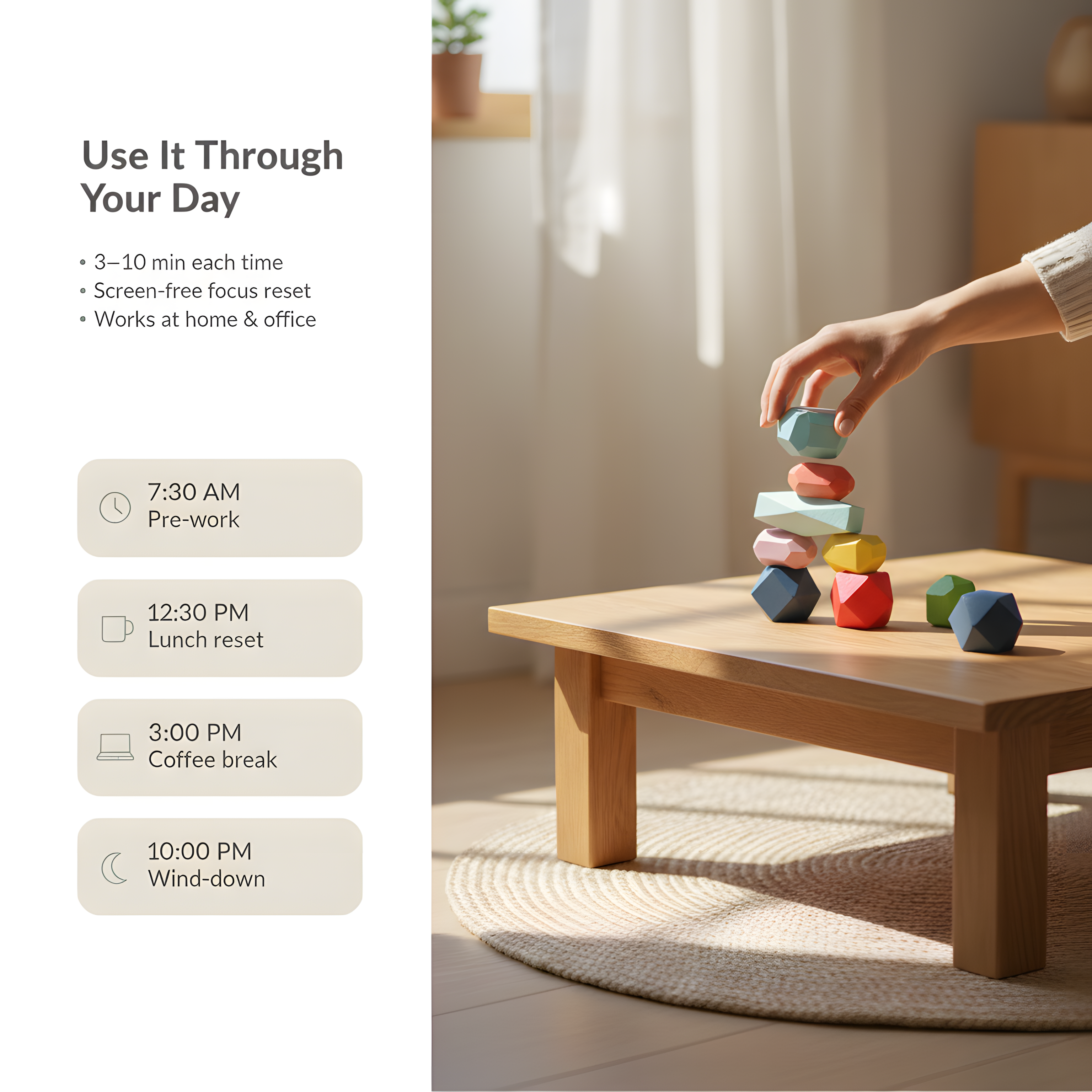 Mindful Stacking Stones – Solid Wood Zen Desk Décor | 3–10 Minute Visual Focus Practice (14+)