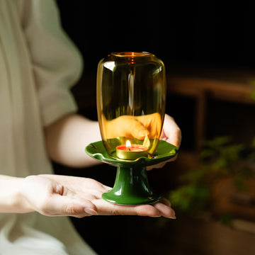 zensoullab New Chinese Style Forbidden City Red Morning Glory Candle Holder Ceramic Base Zen Glass Lampshade Aromatherapy Home Tea Ceremony Accessories Ornament