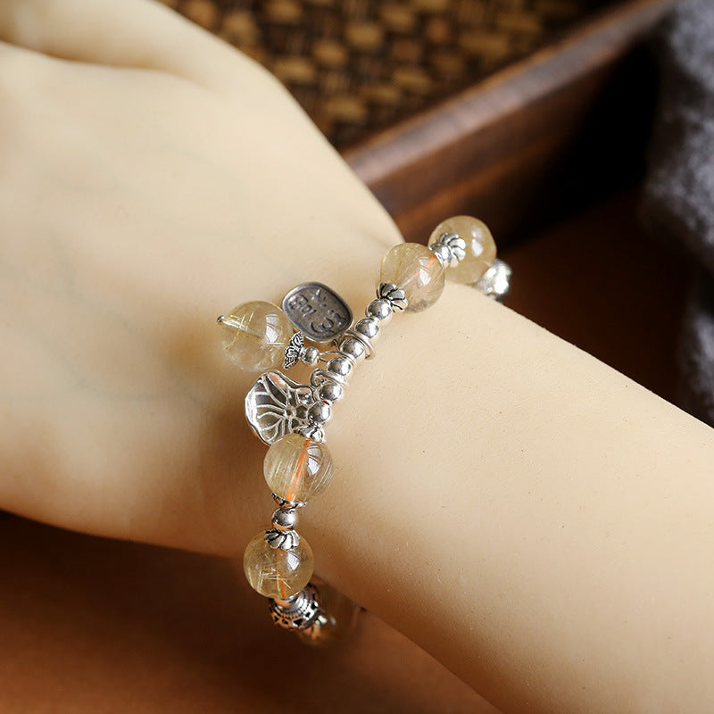 zensoullab Natural Golden Rutilated Quartz Bracelet for Women S925 Silver Lotus Tassel Bracelet High-end Crystal Bracelet