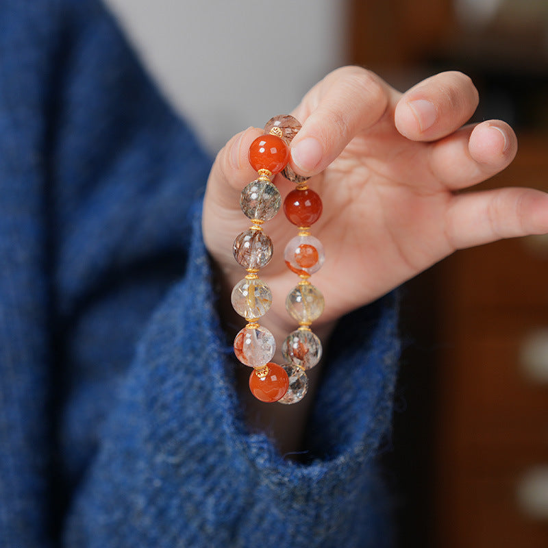 zensoullab Natural Black Gold Super Seven Crystal Bracelet for Women Red Glue Flower Gold Rutilated Quartz Full Flesh Southern Red Multi-Gemstone Bracelet