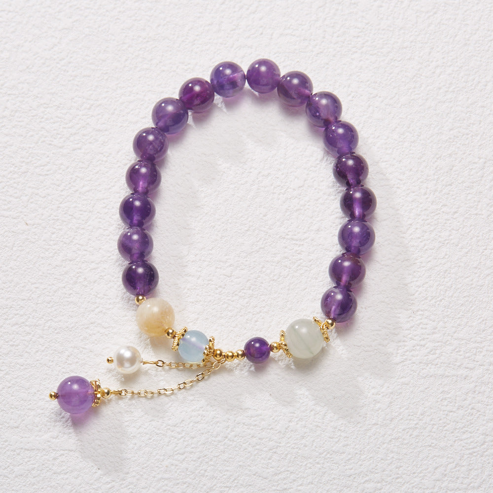 zensoullab Niche Design Natural 8MM Amethyst Bracelet for Women with Pearl Tassel Women's Bracelet Jewelry