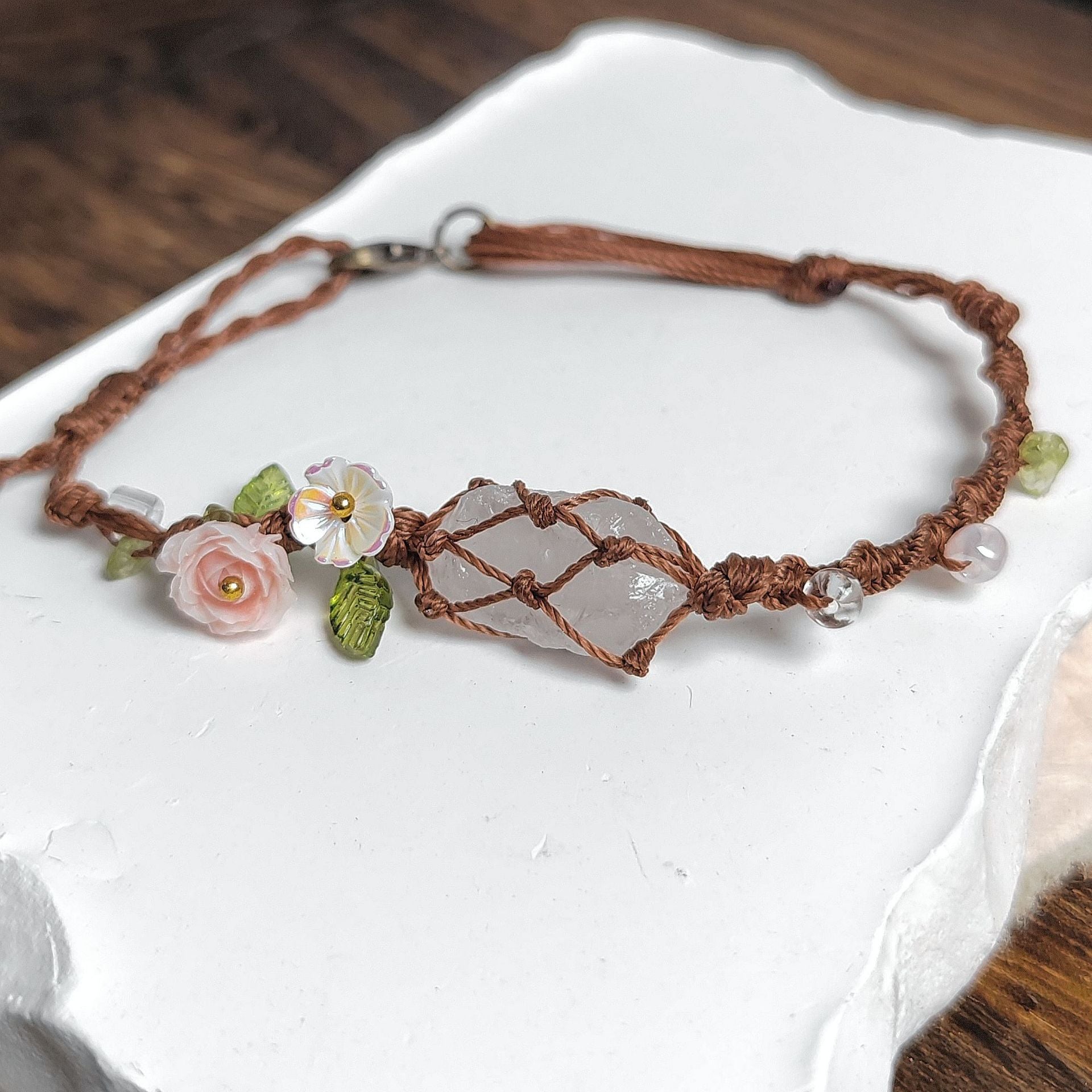 zensoullab Rose Aquamarine Handmade Woven Raw Stone Bracelet Crystal Net Pocket Bracelet