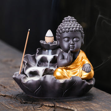 zensoullab Purple Clay Lotus Leaf Backflow Incense Burner Home Decor Creative Lotus Gold-Plated Buddha Incense Backflow Burner