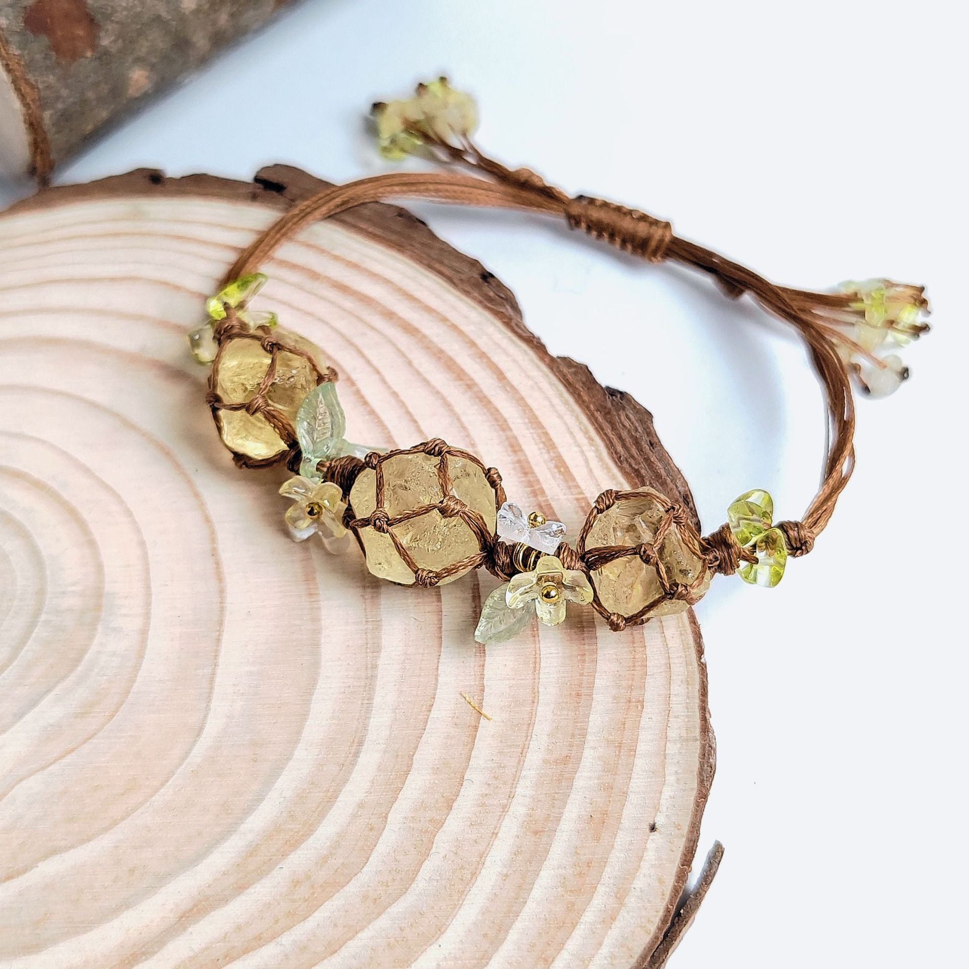 zensoullab Osmanthus Tree and Vitality Crystal Bracelet Raw Stone Woven Bracelet Fluorite Bracelet with Small Flowers