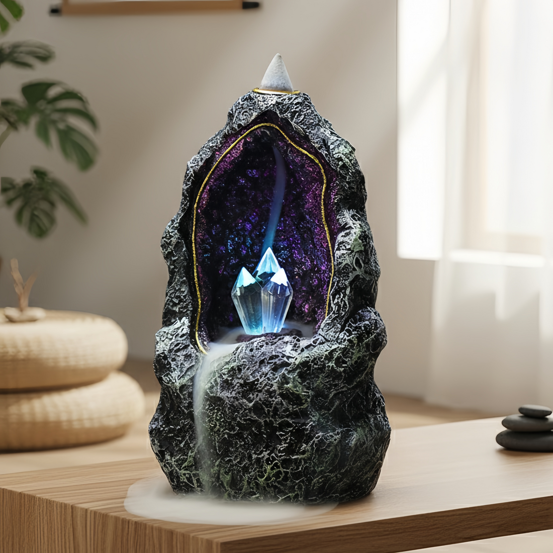 Backflow Incense Burner, Crystal Geode Cave with LED – Resin Waterfall Smoke Fountain Cone Holder (7.2")