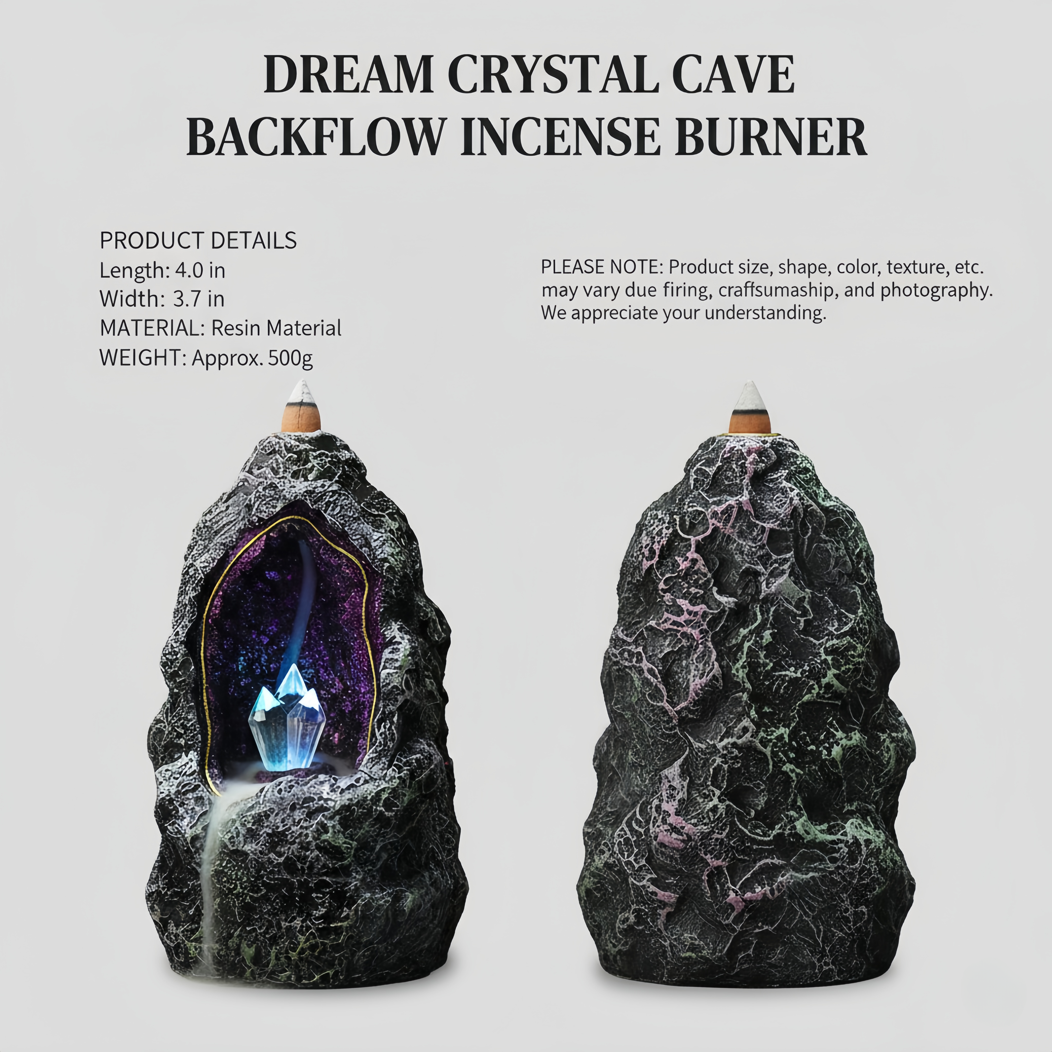 Backflow Incense Burner, Crystal Geode Cave with LED – Resin Waterfall Smoke Fountain Cone Holder (7.2")