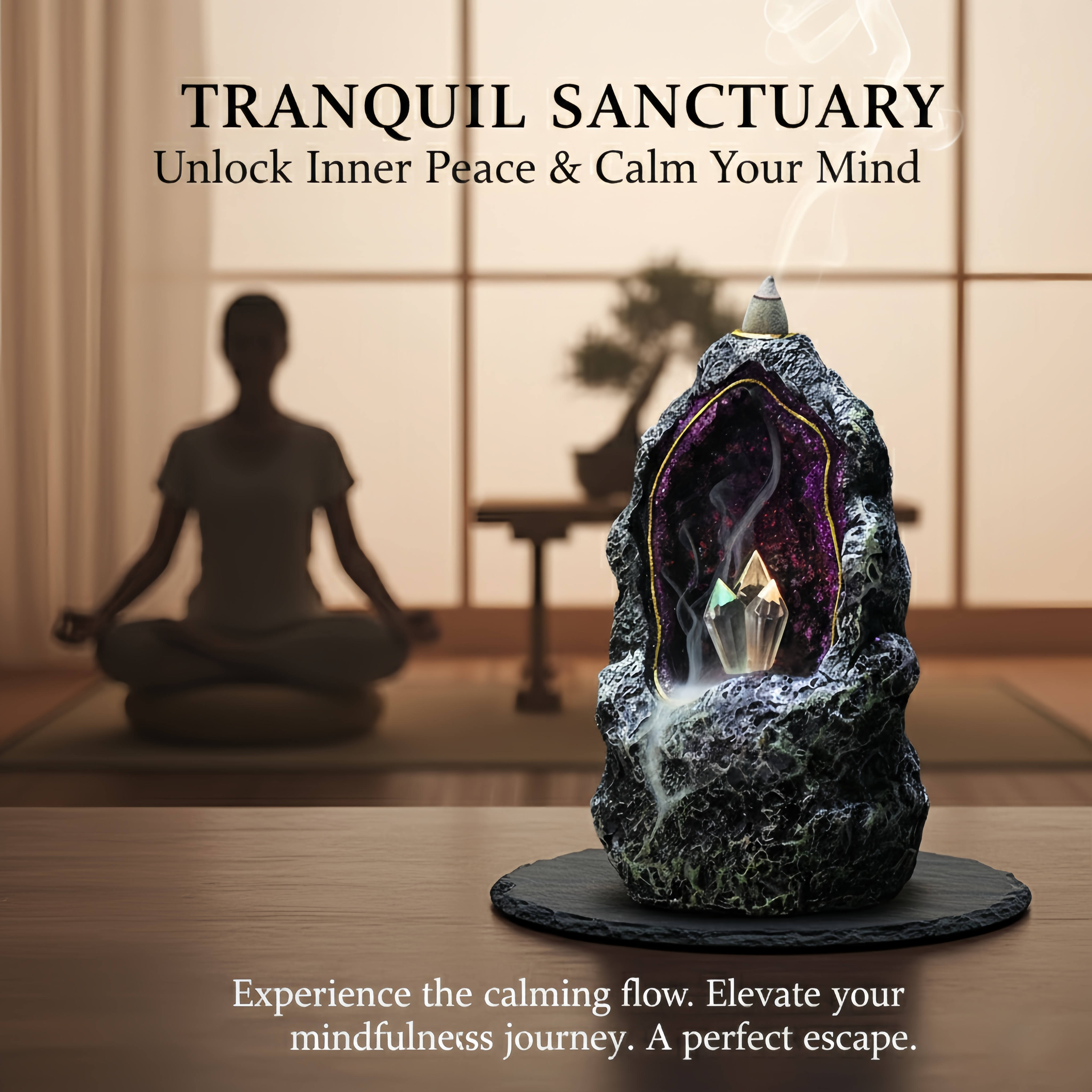 Backflow Incense Burner, Crystal Geode Cave with LED – Resin Waterfall Smoke Fountain Cone Holder (7.2")