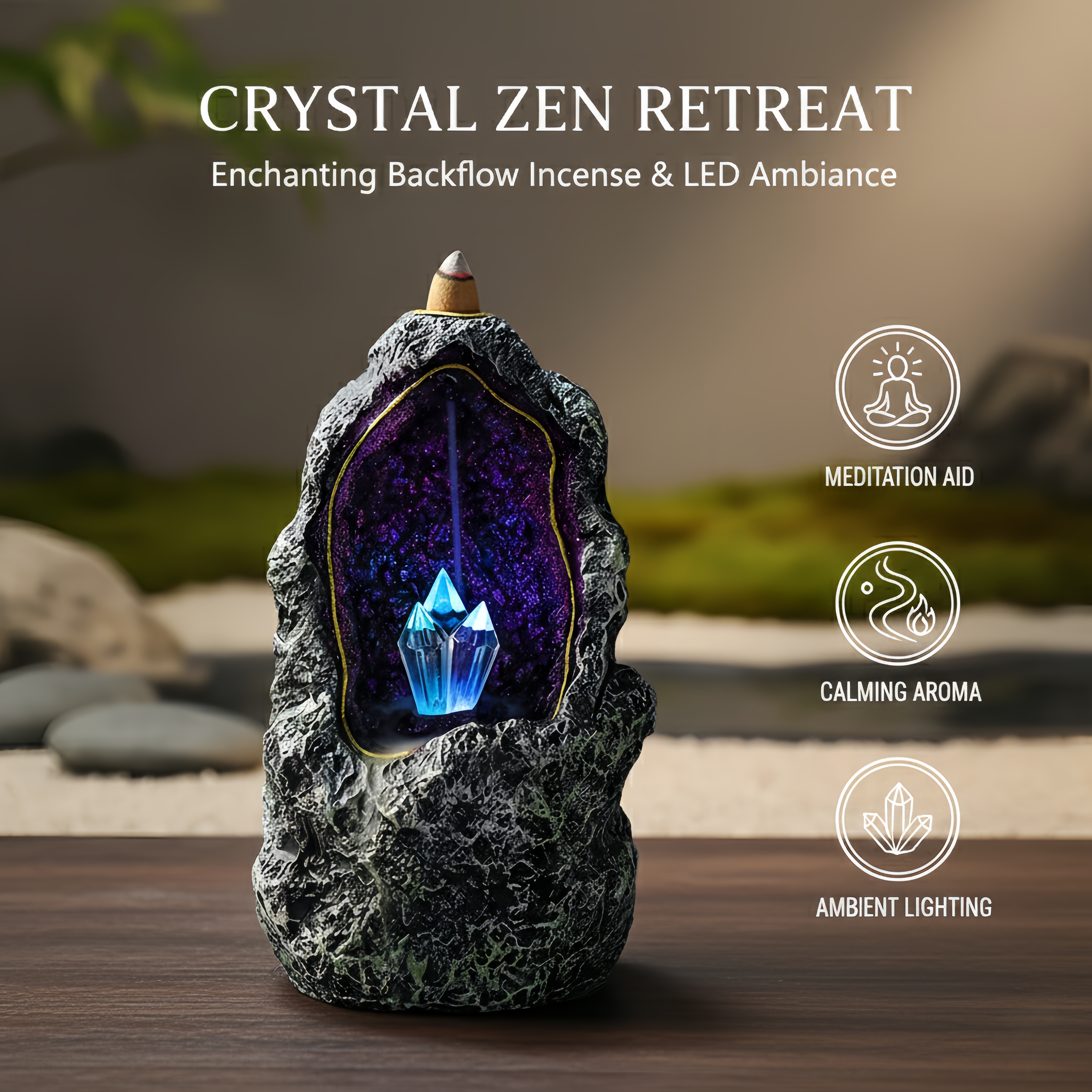 Backflow Incense Burner, Crystal Geode Cave with LED – Resin Waterfall Smoke Fountain Cone Holder (7.2")
