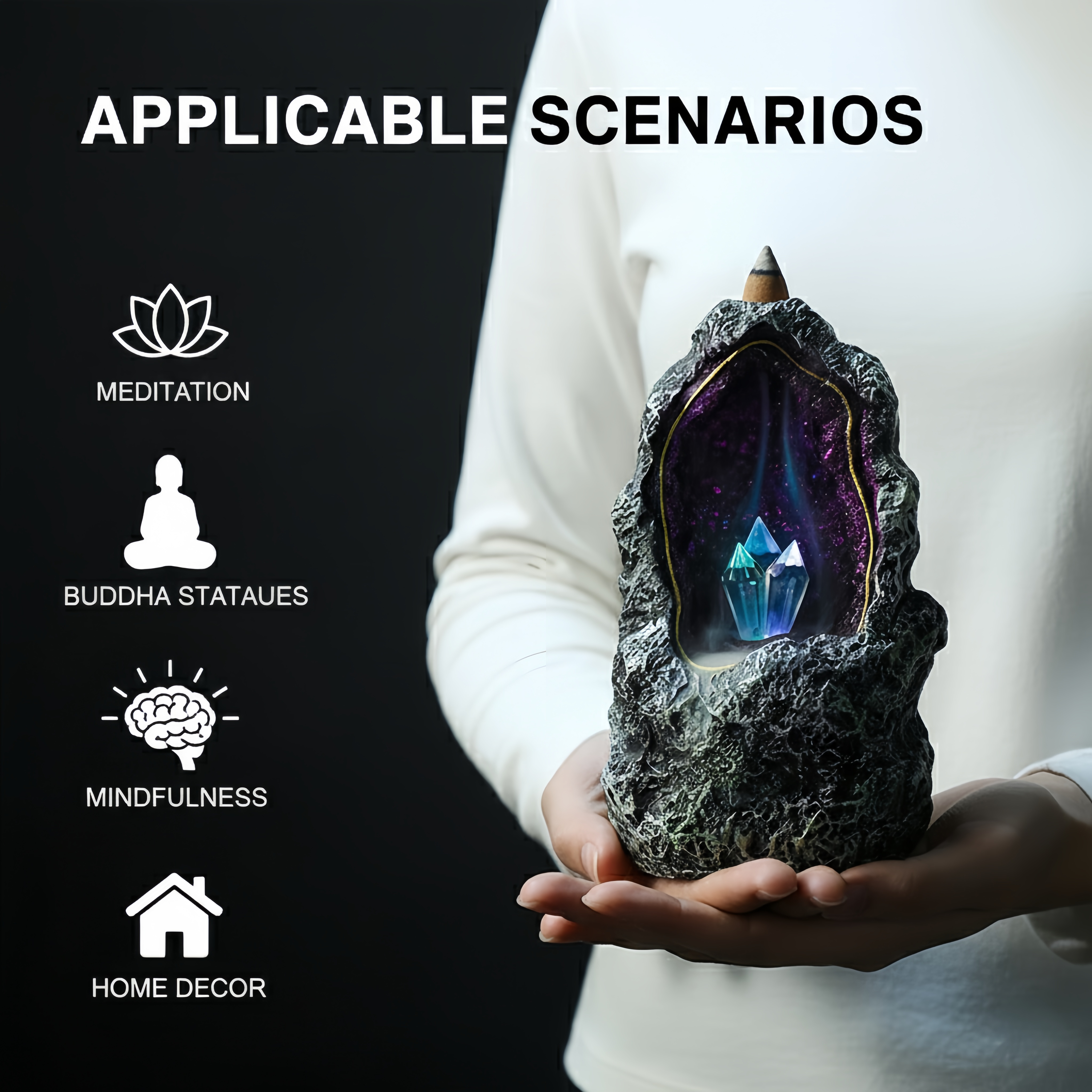 Backflow Incense Burner, Crystal Geode Cave with LED – Resin Waterfall Smoke Fountain Cone Holder (7.2")