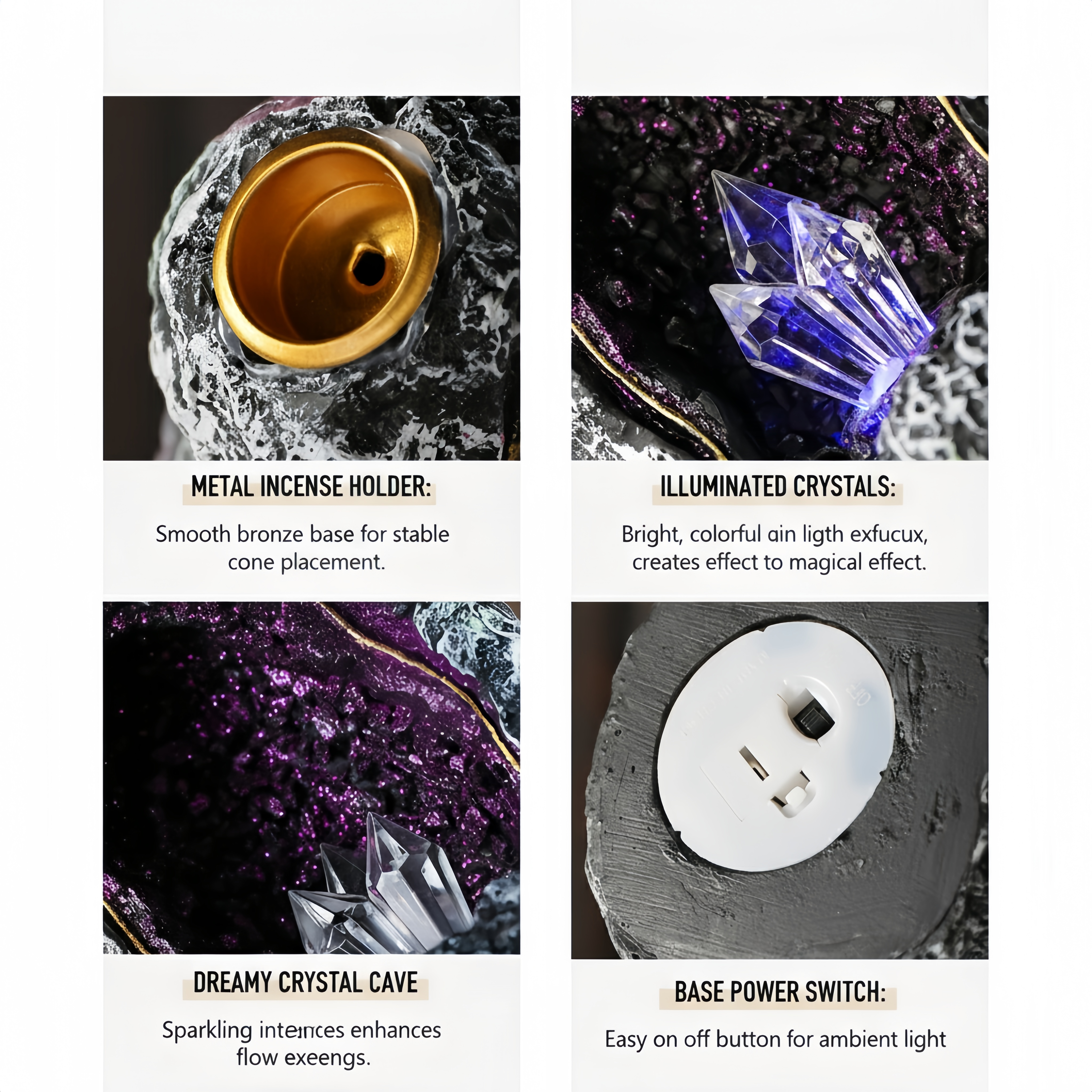 Backflow Incense Burner, Crystal Geode Cave with LED – Resin Waterfall Smoke Fountain Cone Holder (7.2")