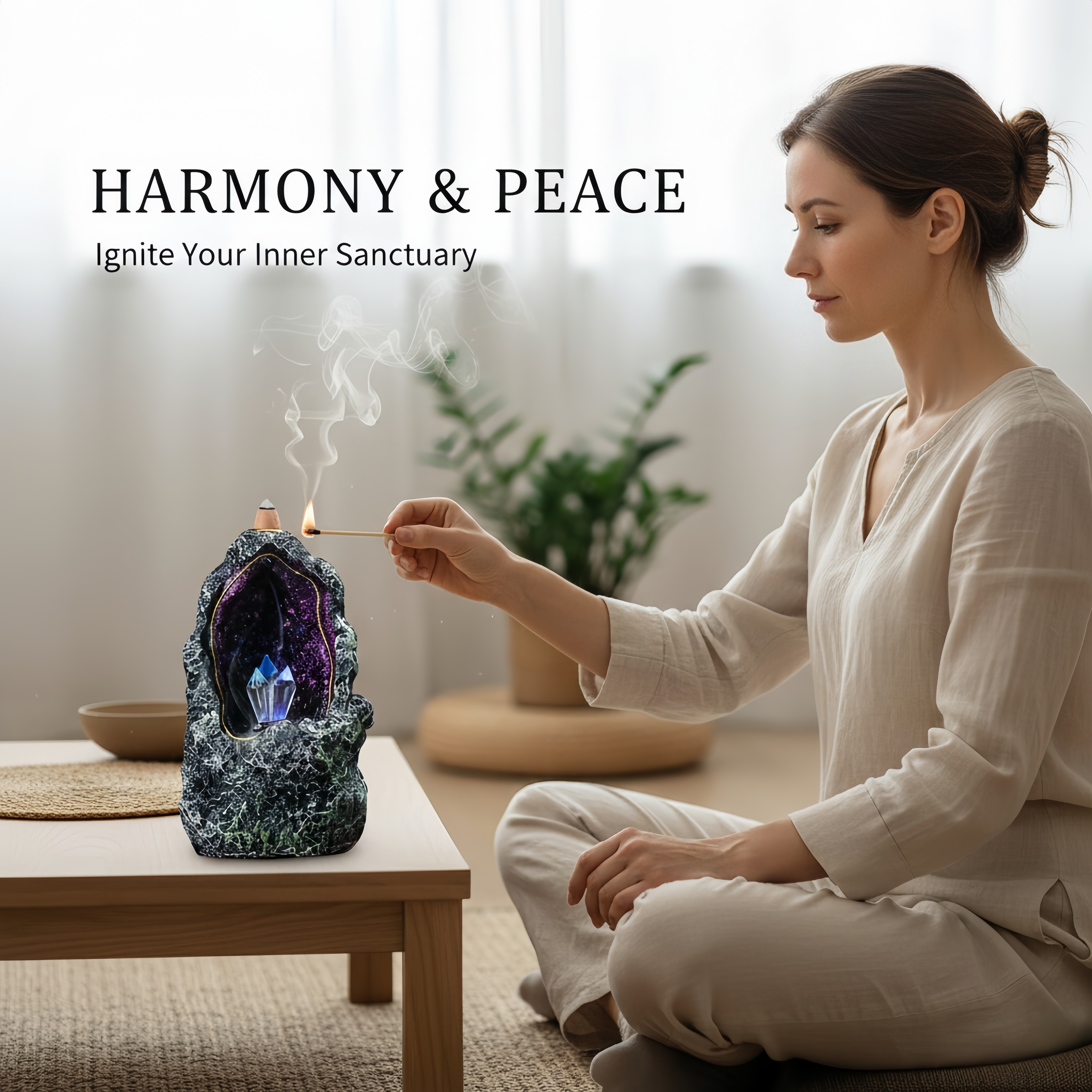 Backflow Incense Burner, Crystal Geode Cave with LED – Resin Waterfall Smoke Fountain Cone Holder (7.2")