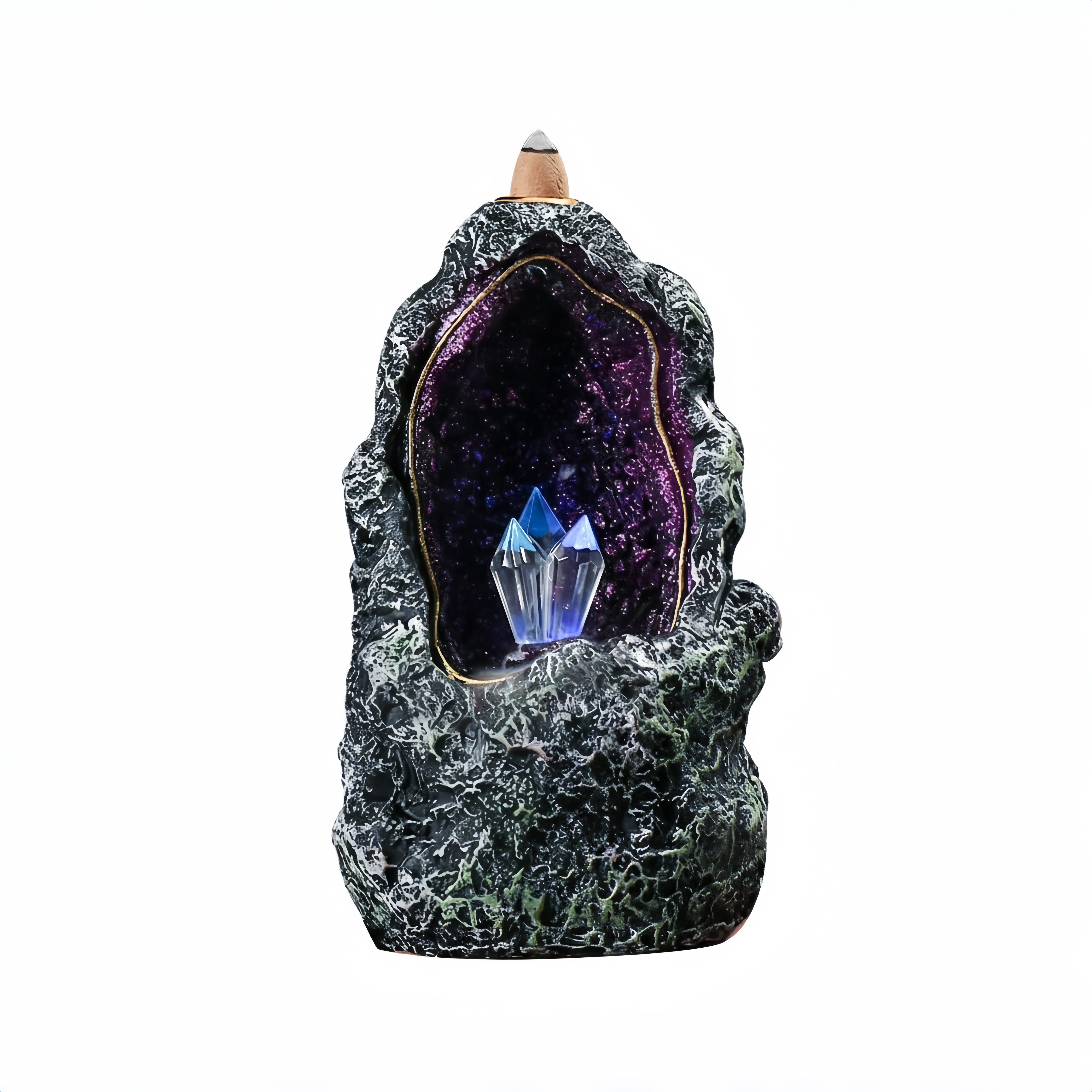 Backflow Incense Burner, Crystal Geode Cave with LED – Resin Waterfall Smoke Fountain Cone Holder (7.2")