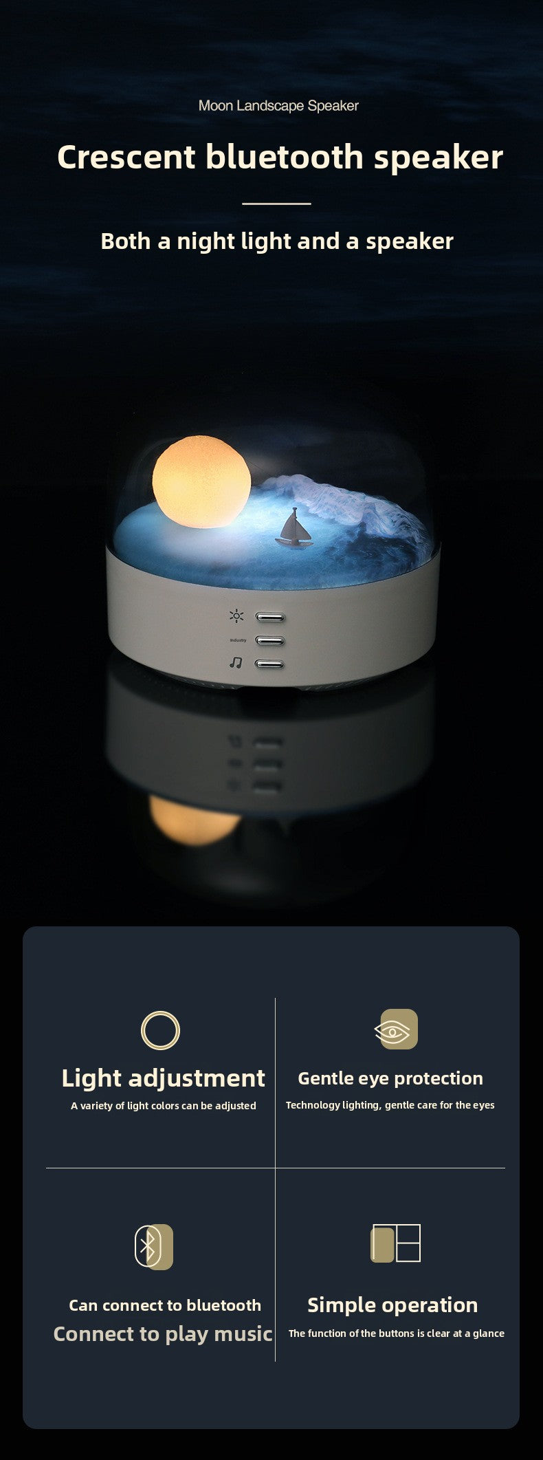 zensoullab Creative Crescent Bluetooth Speaker Night Light Multi-Functional Warm and Cool Light Bedside Stepless Dimming Minimalist Meditation Lamp