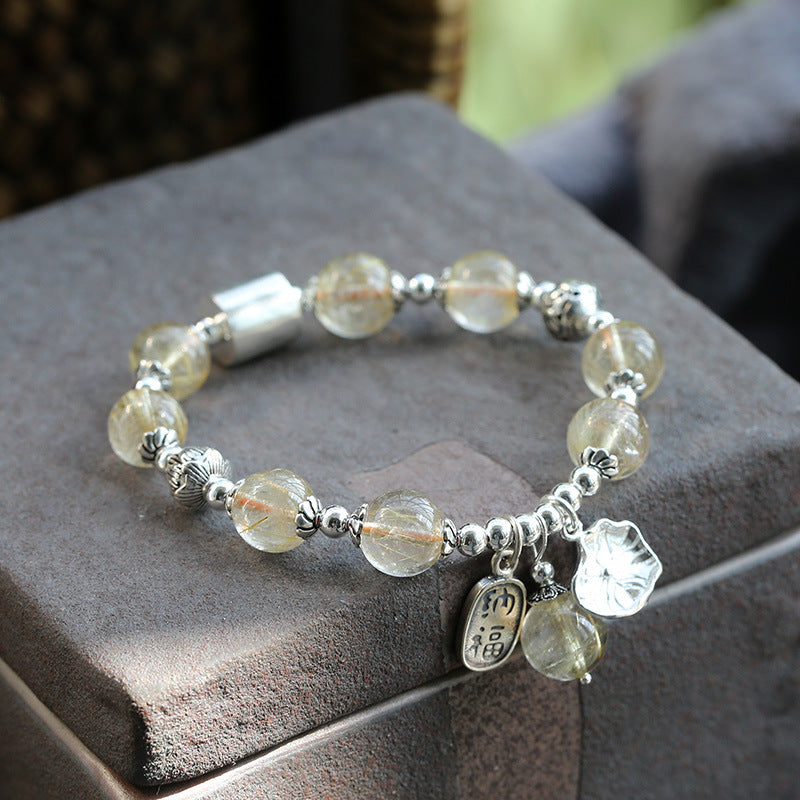 zensoullab Natural Golden Rutilated Quartz Bracelet for Women S925 Silver Lotus Tassel Bracelet High-end Crystal Bracelet