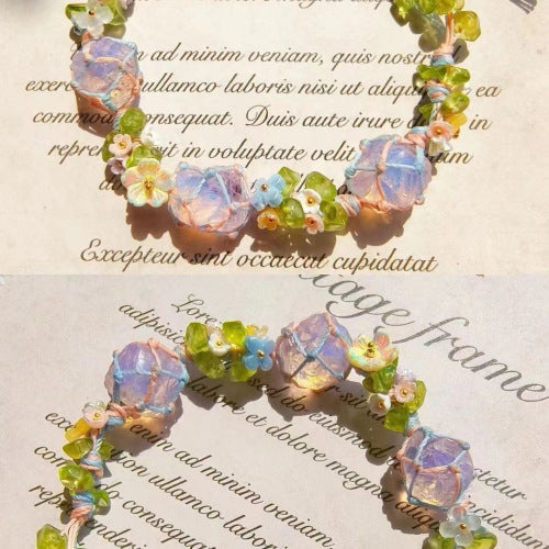 zensoullab Endless Summer Handwoven Protein Raw Stone Bracelet Net Pocket Hand Rope Pink Crystal Bracelet Lily of the Valley Jade