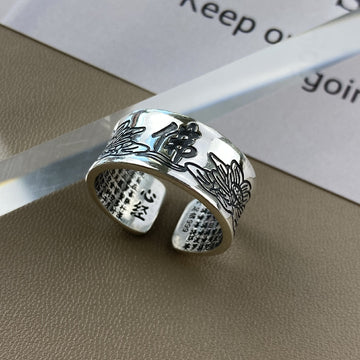 zensoullab Men's 999 Thai Silver Lotus Buddha Ring Pure Silver Heart Sutra Women's Couple Adjustable Open Design
