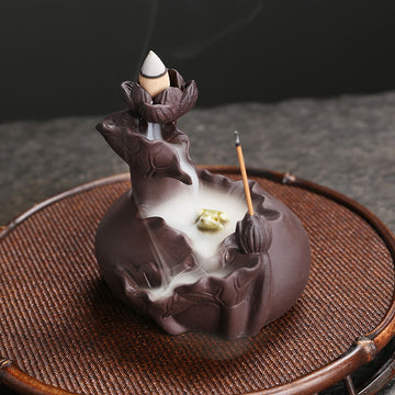 zensoullab Purple Clay Lotus Leaf Backflow Incense Burner Creative Lotus Frog Backflow Incense Burner Home Decor Ornament
