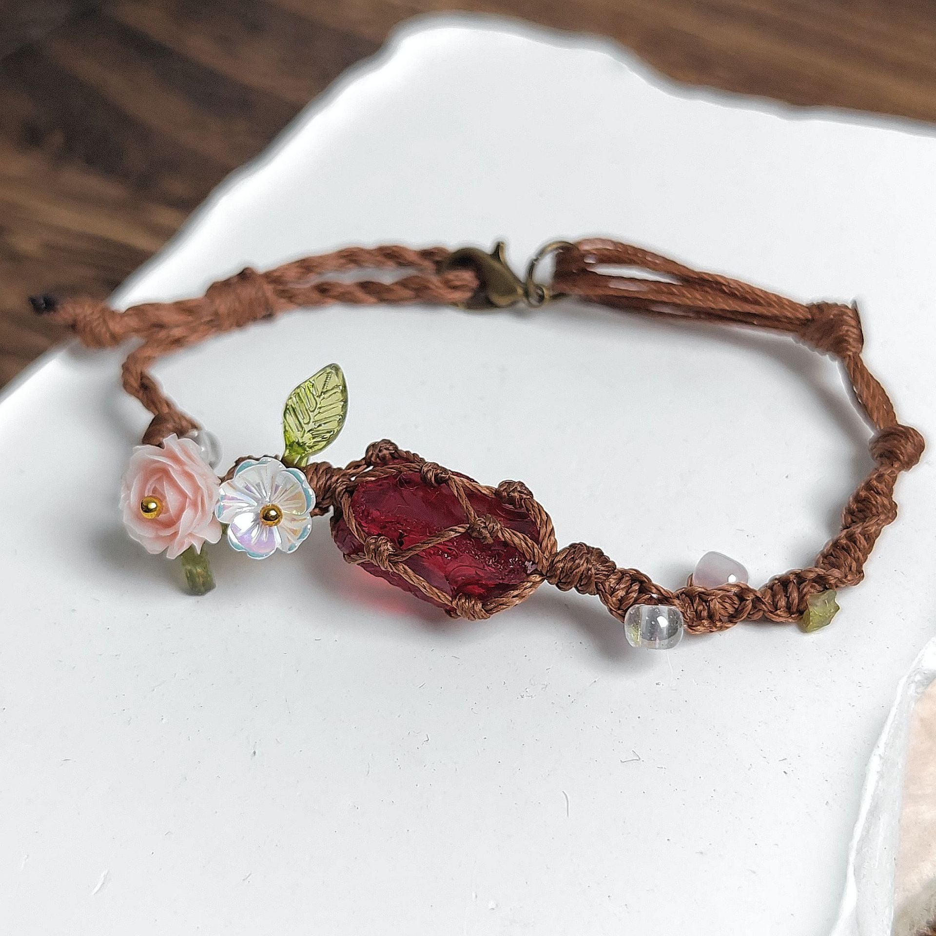 zensoullab Rose Aquamarine Handmade Woven Raw Stone Bracelet Crystal Net Pocket Bracelet