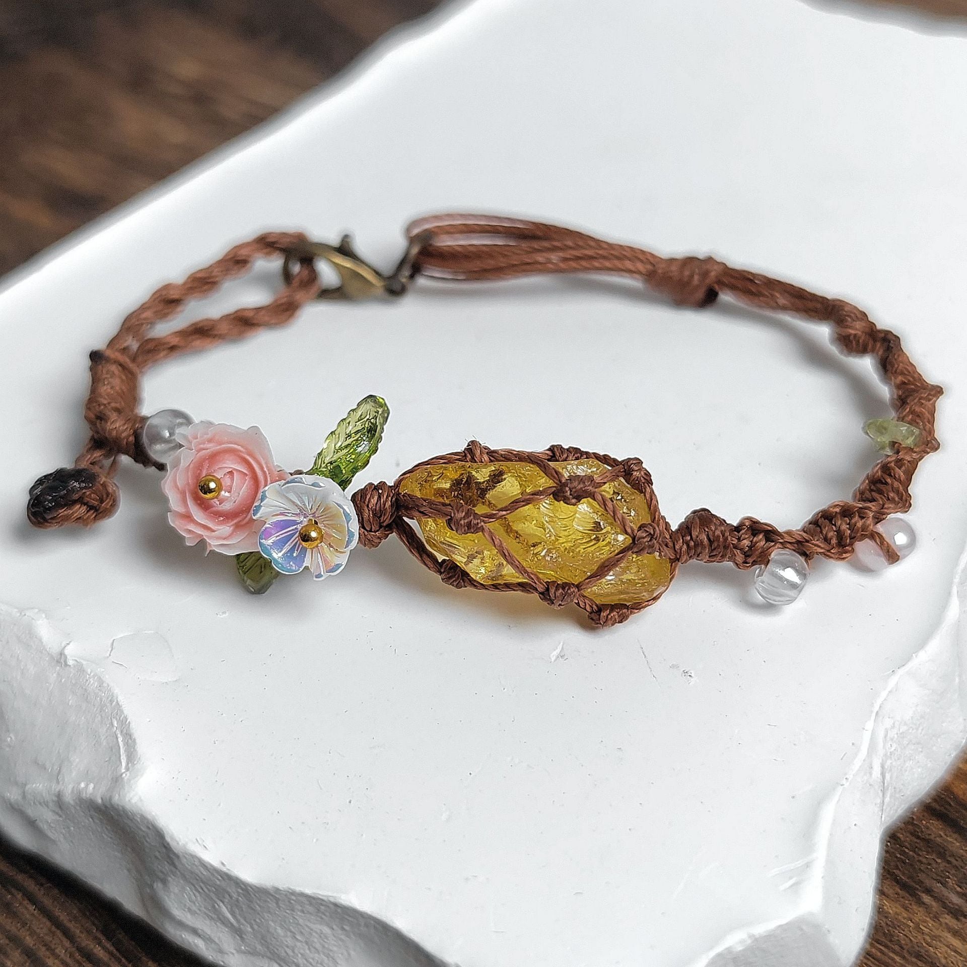 zensoullab Rose Aquamarine Handmade Woven Raw Stone Bracelet Crystal Net Pocket Bracelet