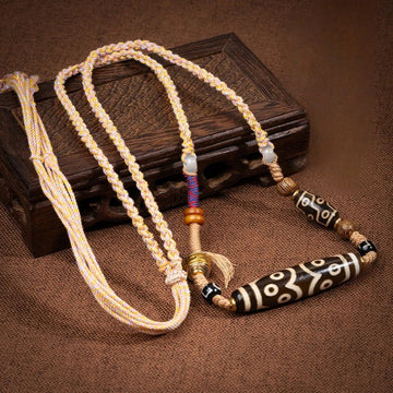 zensoullab Natural Tibetan Style Yellow Nine-Eyed Dzi Bead Necklace Multi-Totem Agate Pendant Couple Style Woven Necklace In Stock