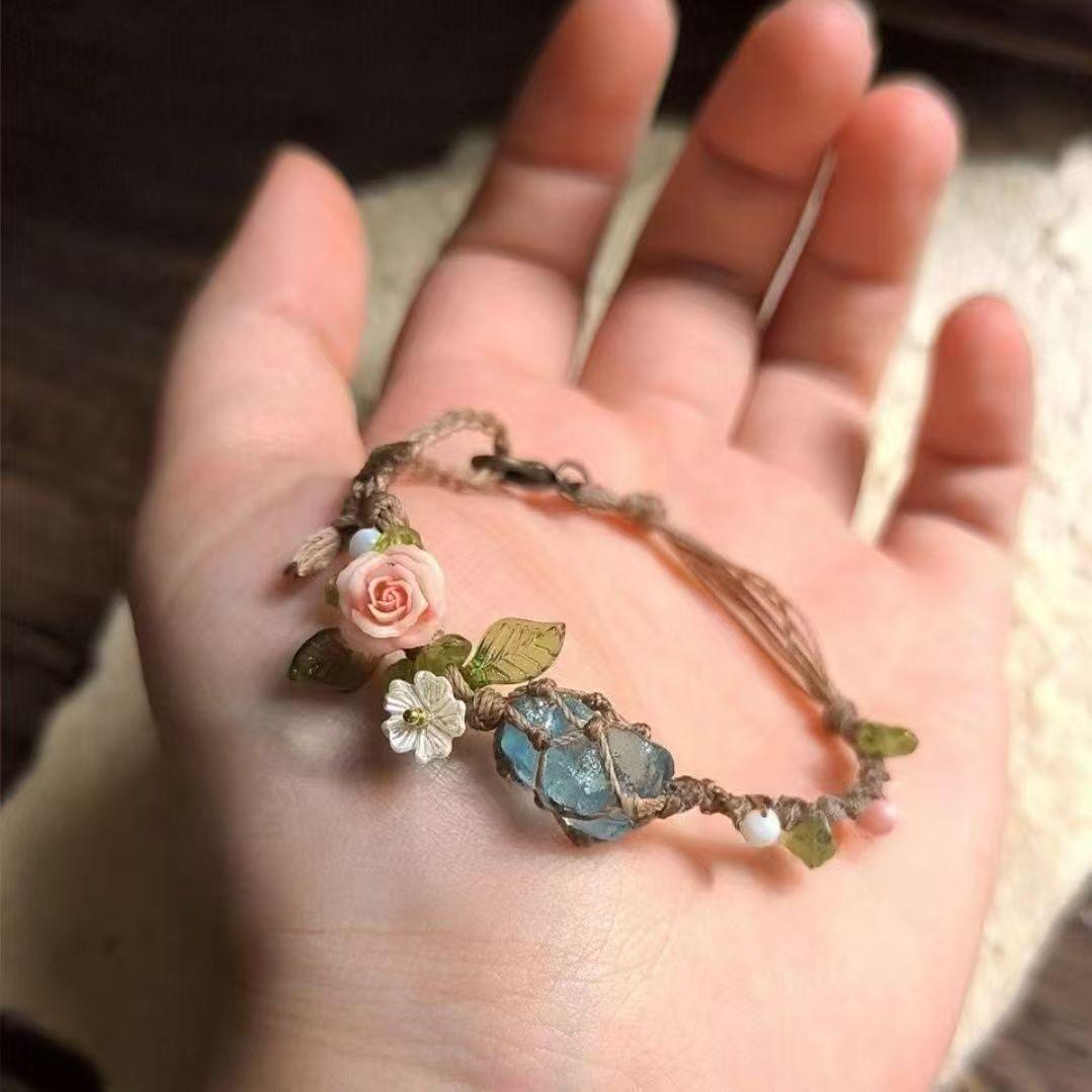 zensoullab Rose Aquamarine Handmade Woven Raw Stone Bracelet Crystal Net Pocket Bracelet