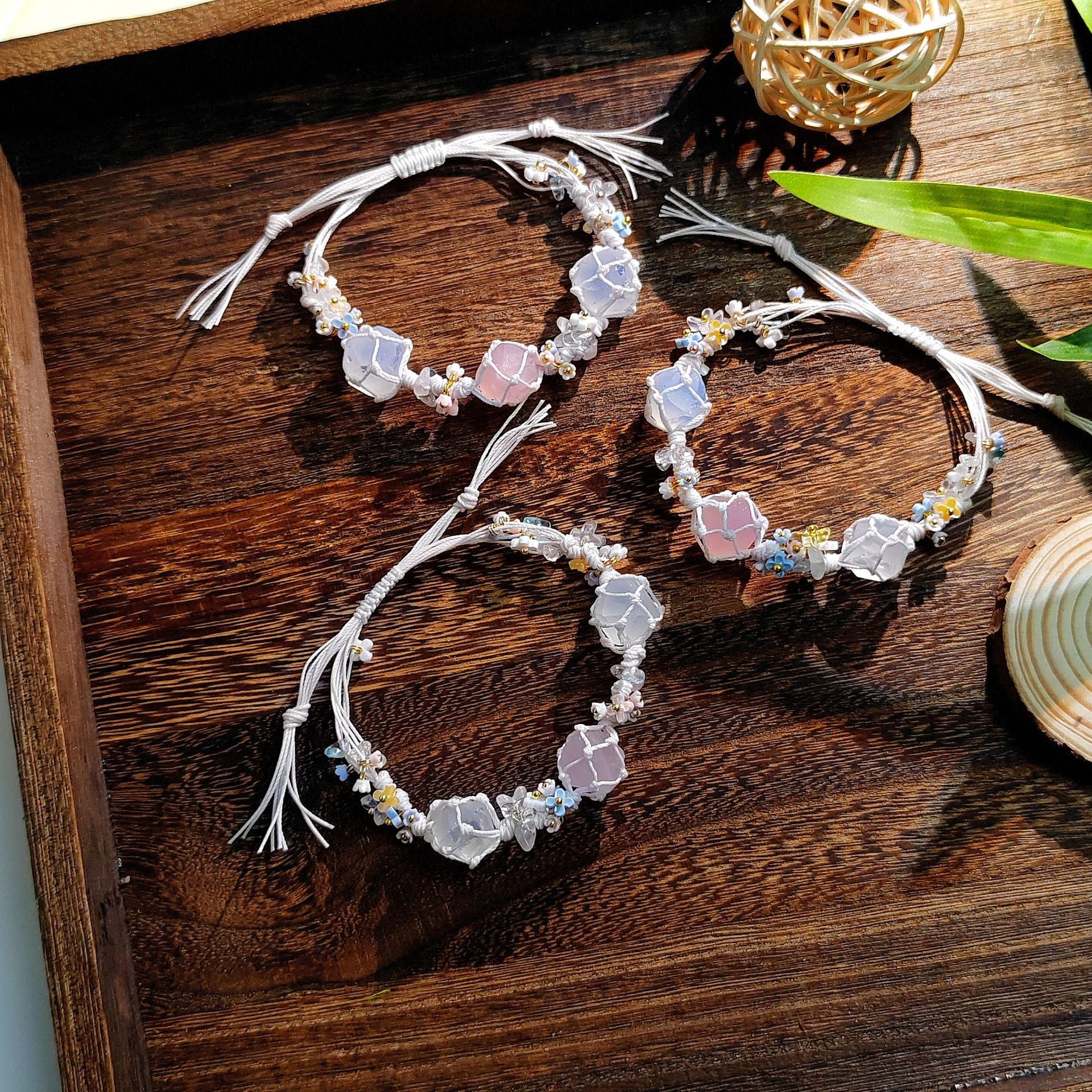 zensoullab Spring Season Pink Crystal Original Flower Wreath Bracelet Collection Pure Handmade Woven Net Pocket Bracelet