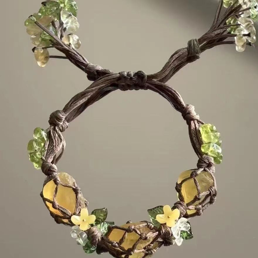 zensoullab Osmanthus Tree and Vitality Crystal Bracelet Raw Stone Woven Bracelet Fluorite Bracelet with Small Flowers