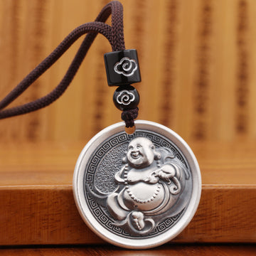 zensoullab Vintage Maitreya Buddha Pendant Thai Silver Solid Vintage Unisex Round Pendant Auspicious Big Belly Buddha Male Small Buddha Pendant