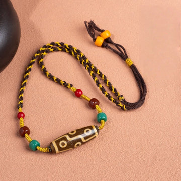 zensoullab Natural Yellow Nine-Eye Dzi Bead Necklace Taiwan Work Agate Pendant Unisex Couple Style Braided Necklace