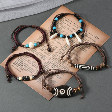 zensoullab Vintage Tibetan Style Ox Bone Dog Tooth Bracelet Carved Dzi Bead Yak Bone Ethnic Style Personality Unisex Bracelet Tourist Spot Jewelry