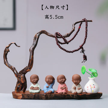 zensoullab Zen New Chinese Style Root Carving Set Ornament Purple Clay Little Monk Living Room TV Cabinet Tea Table Entrance Creative Decoration
