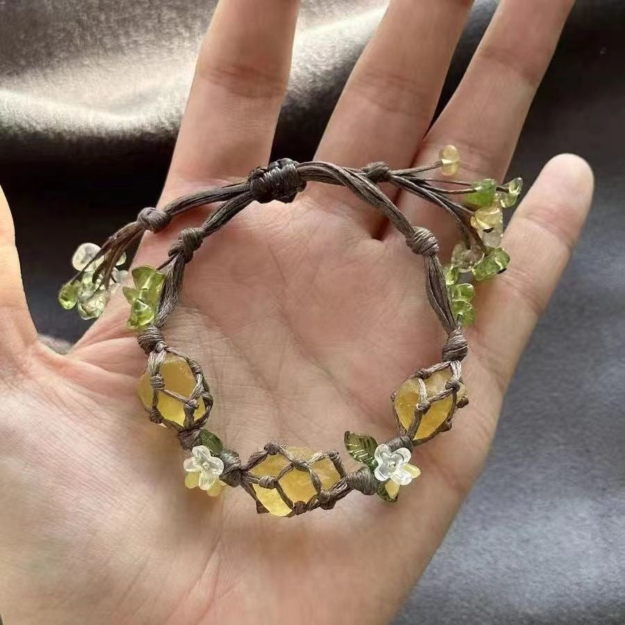 zensoullab Osmanthus Tree and Vitality Crystal Bracelet Raw Stone Woven Bracelet Fluorite Bracelet with Small Flowers