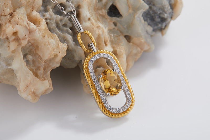 zensoullab French Retro S925 Sterling Silver Inlaid Natural Gemstone Yellow Crystal Topaz Pendant Necklace for Women Hot-Selling Jewelry